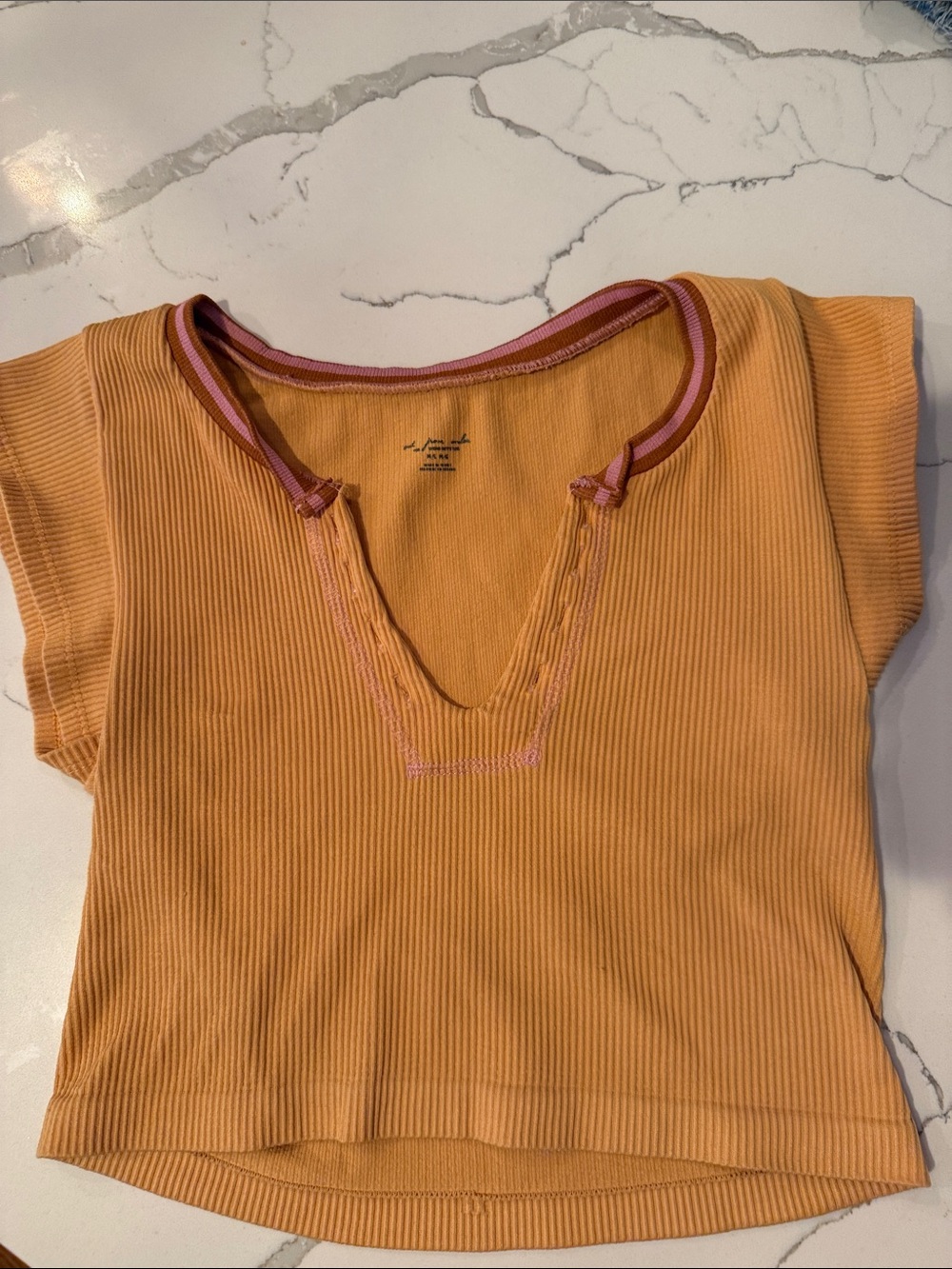 out from Under Go for Gold Ribbed V-Neck Crop Top in Mustard with Pink Trim med